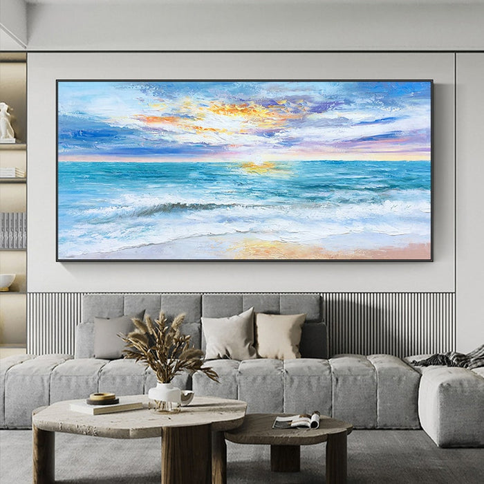 Abstraktes Strandgemälde Gerahmt – Handgemalte Meereslandschaft Mit Strandstuhl, 114,4 X 76,2 Cm